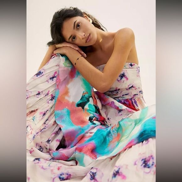 NWT ANTHROPOLOGIE Nidhi Yasha Guinevere Watercolor Strapless Tiers Maxi Dress 4 - Picture 3 of 3
